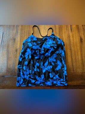 Lands End Women’s Black & Blue Swim Floral Cami Tank Top- size 16